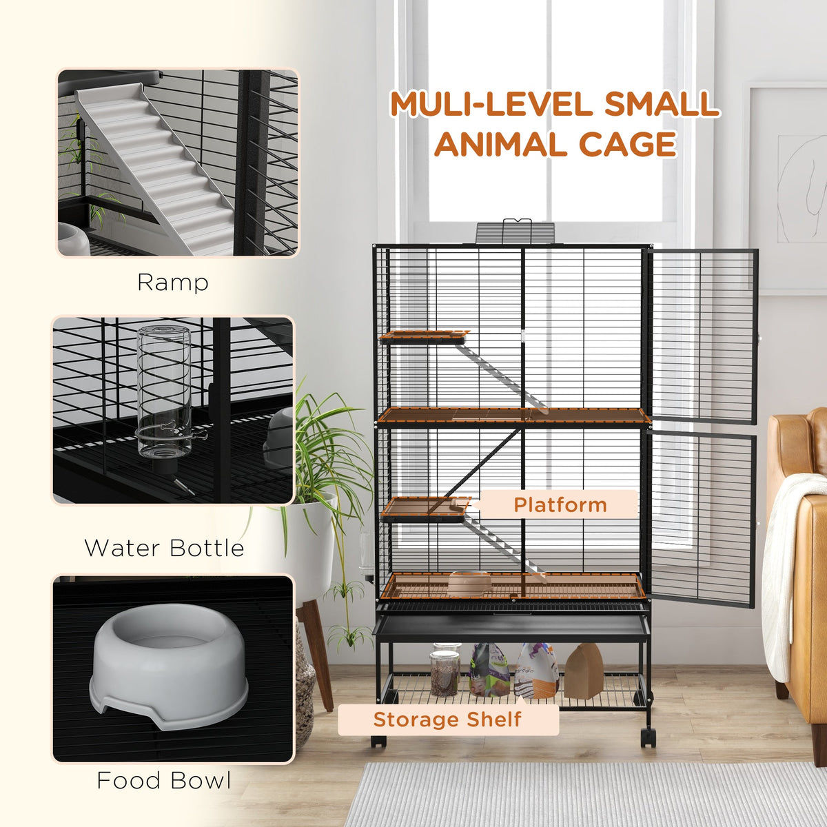 Rolling Small Animal Cage 34"H Chinchilla Cage for Ferrets, Squirrels w/ Removable Tray, Storage Shelf, Black