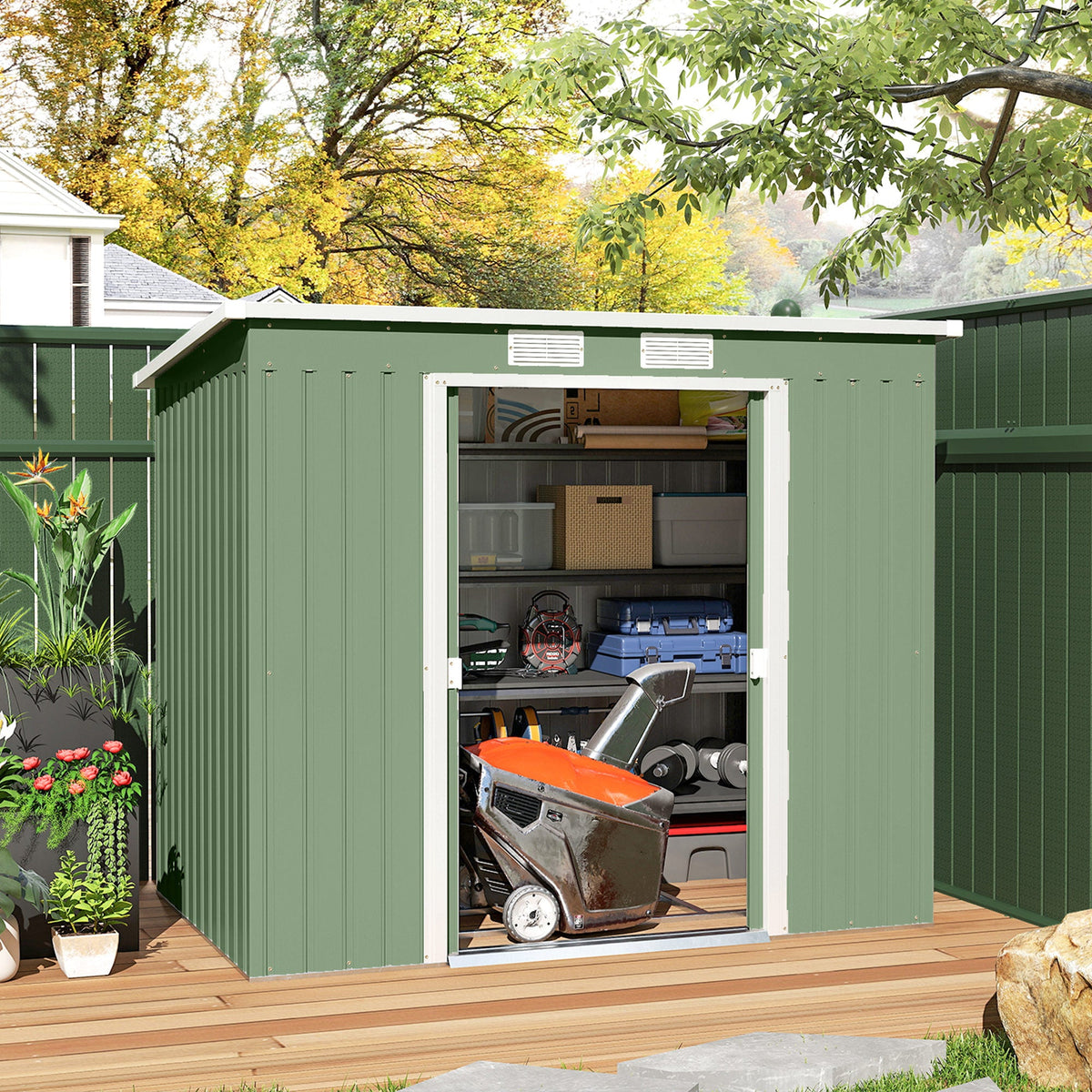 7' x 4' Galvanised Steel Garden Shed, with Foundation Kit - Green