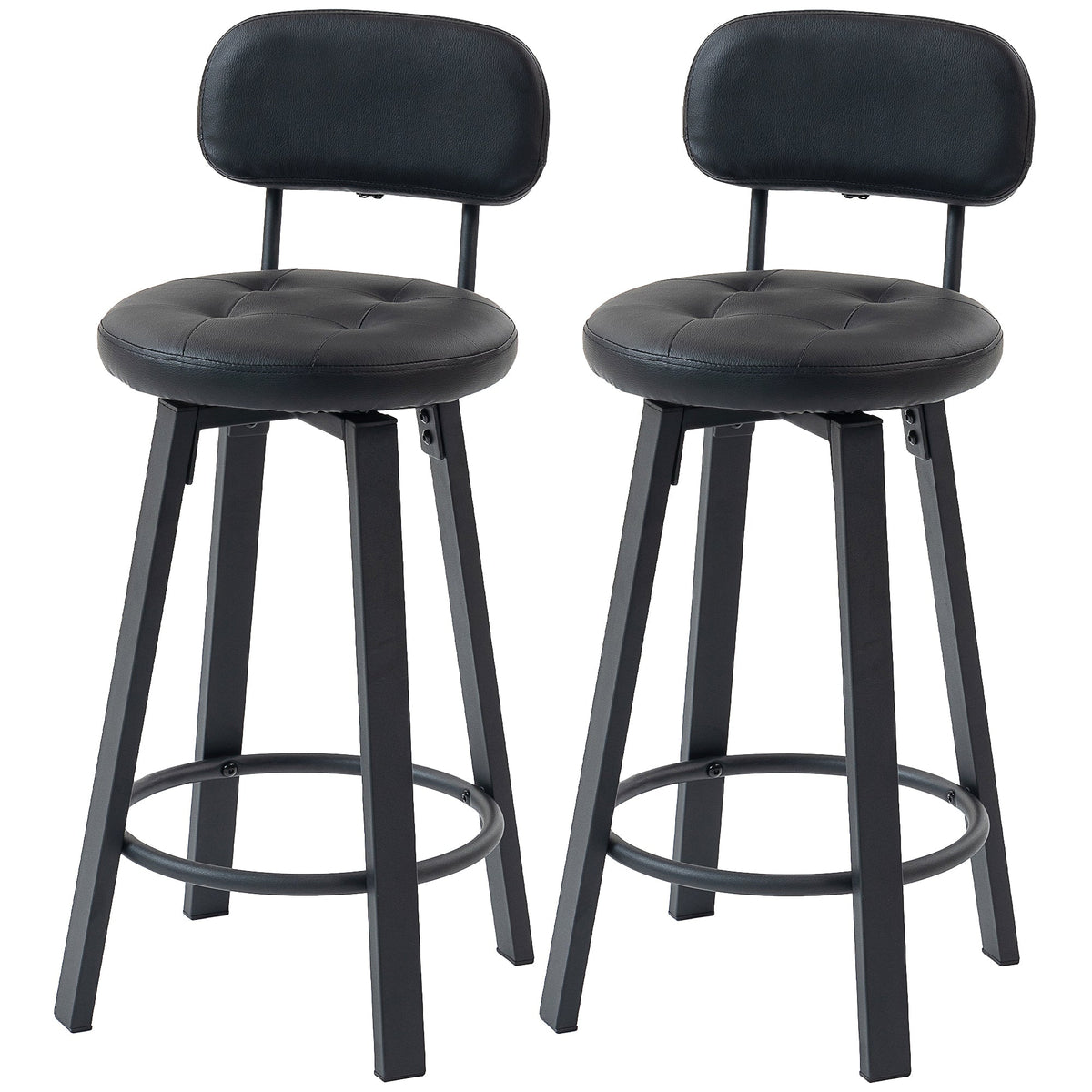 Bar Stools Set of 2, Upholstered Breakfast Bar Chairs with Footrest and Backrest for Kitchen Counter, Black