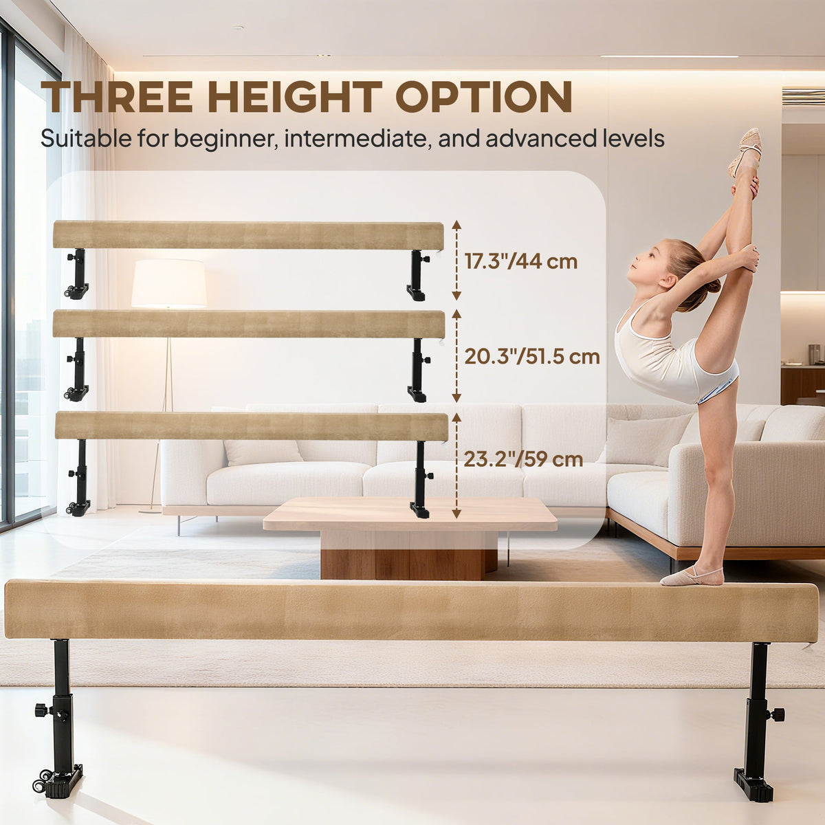 7.5ft Adjustable Balance Beam, Gymnastics Beam with Wheels, Gymnastics Equipment for 6+ Years Old Training