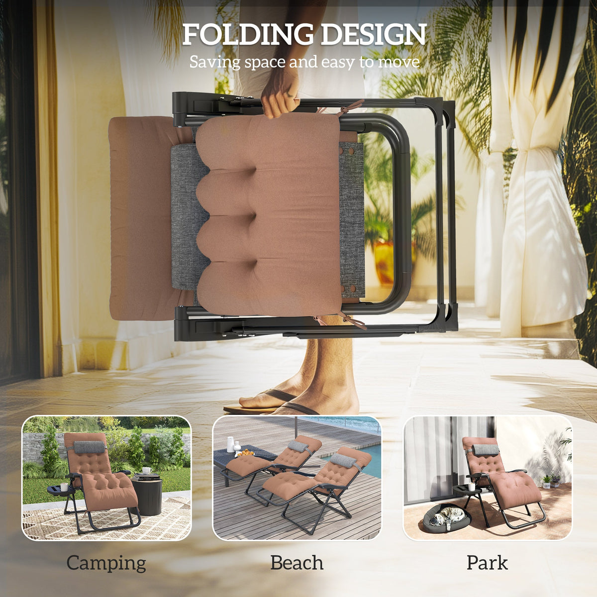 Padded Folding Recliner Chair, Patio Lounger with Cupholder, Adjustable Backrest, Removable Cushion, Black