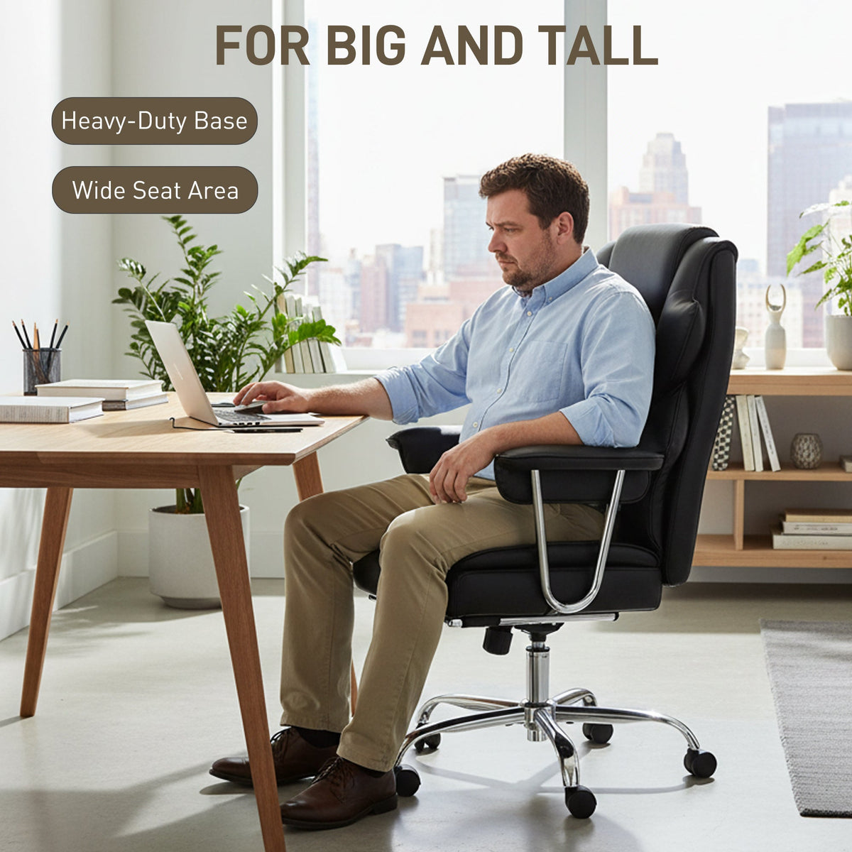 Big and Tall Office Chair, 400 lbs Overstuffed Desk Chair with Shaped Foam, Reclining Backrest, PU Leather