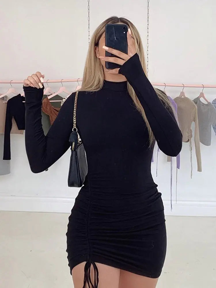 Black Turtleneck Ruched Bodycon Mini Dress for Women