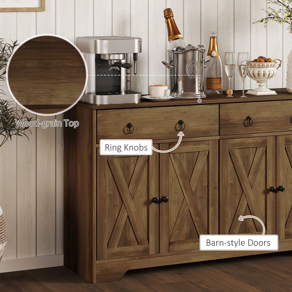 Sideboard Cabinet with 2 Drawers, 4 Barn Doors and 2 Adjustable Shelves, Buffet Table for Living Room, Black