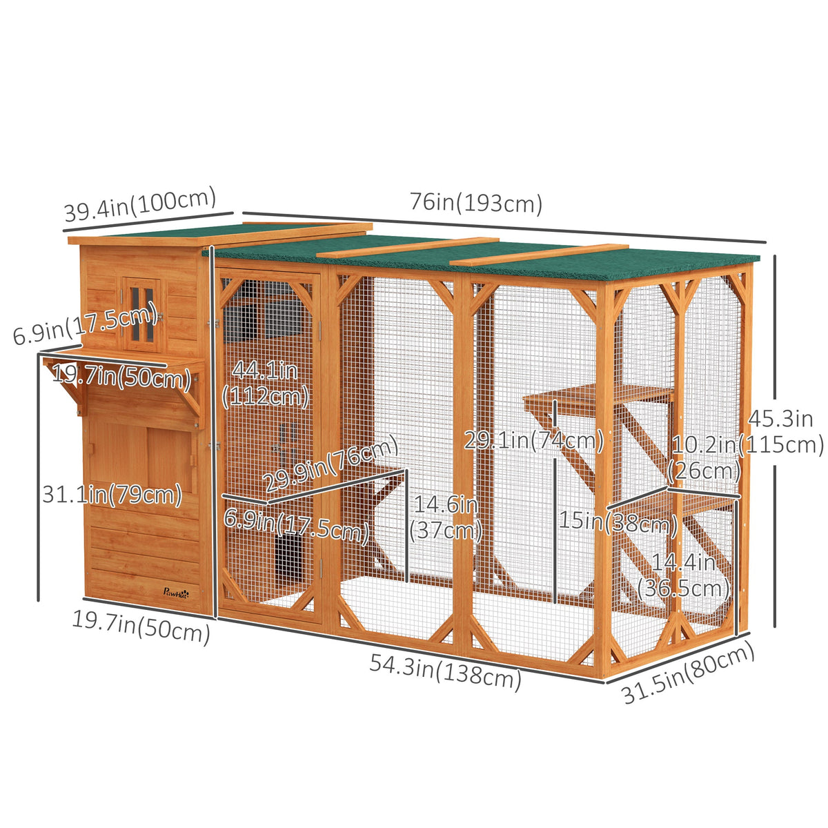 Wooden Cat Catio, 76"L Walk in Outdoor Cat House with Asphalt Roof, Platforms, Lockable Doors, 3-tier Resting Condo, Observation Window, for 2-3 Cats, Light Grey
