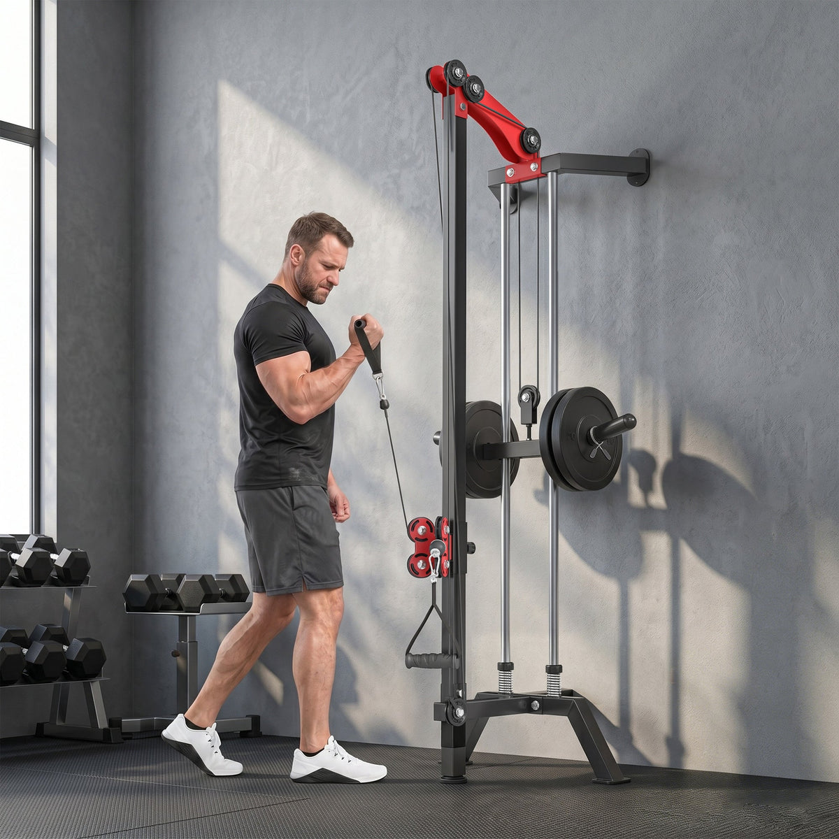 Wall Mount Cable Station, 16 Positions Adjustable Pulley Machine, Cable Crossover Machine with Handle Bar