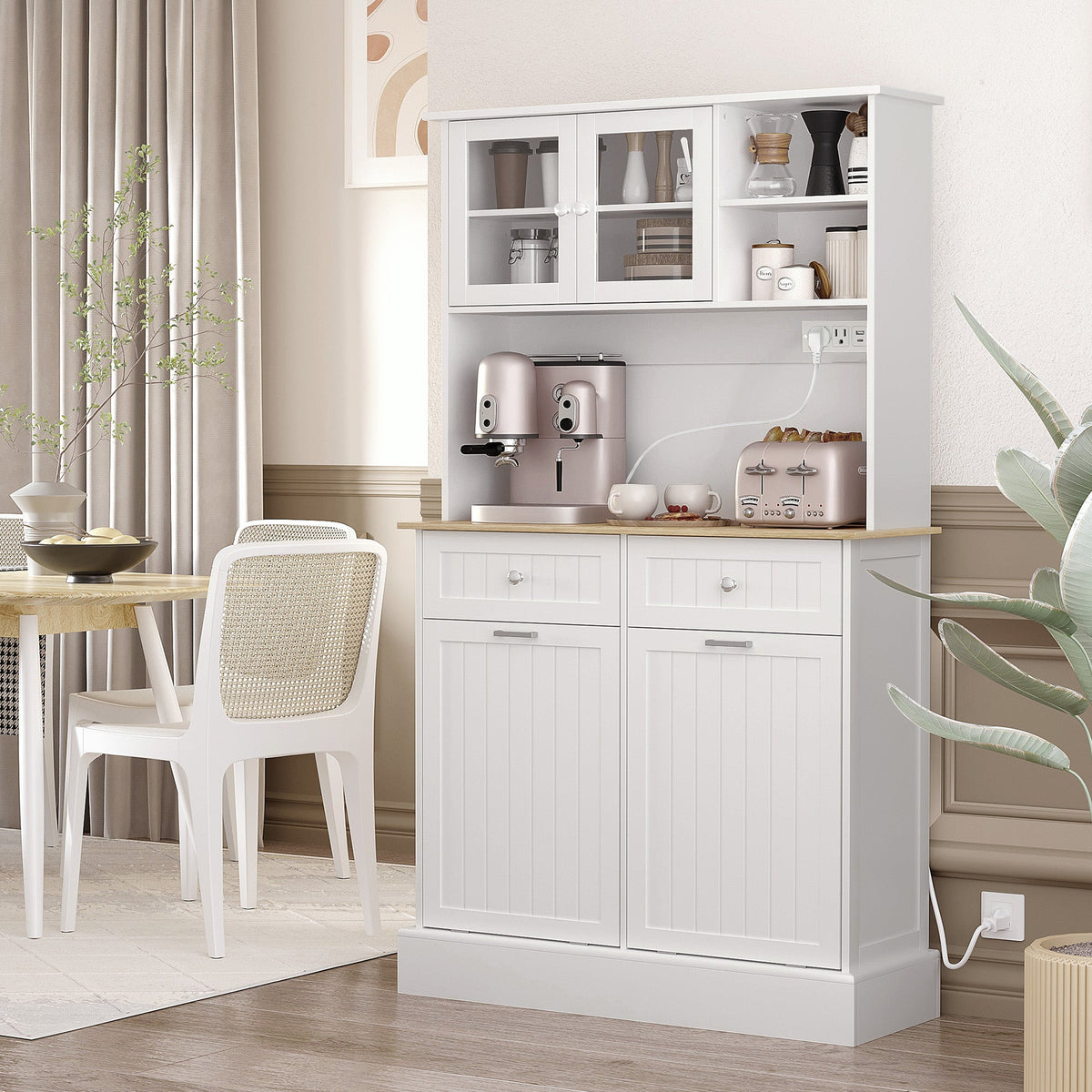 Kitchen Cabinet with Charging Station, 2 Tilt Out Cabinets, Microwave Stand, Freestanding Kitchen Pantry Cabinet, Black