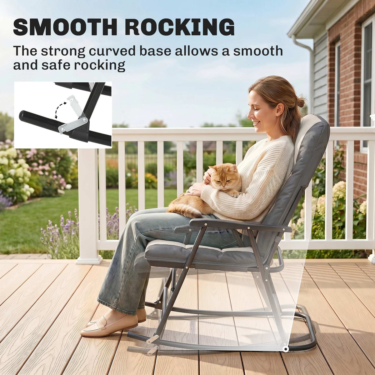 Folding Rocking Chair Set of 2 Padded Rockers with Armrest, Navy Blue