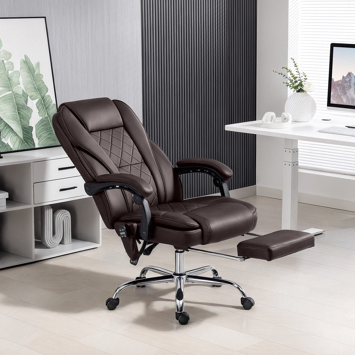 Massage Office Chair, Reclining Computer Chair with Adjustable Height and Footrest, Dark Brown