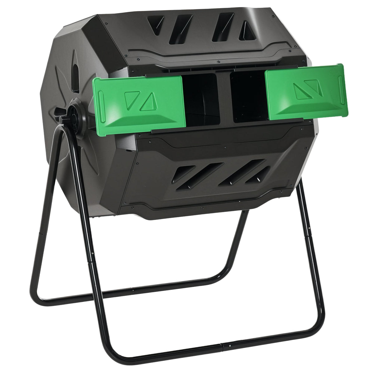 43 Gallon (160L) Tumbling Compost Bin Outdoor Dual Chamber 360° Rotating Composter with Sliding Doors, Solid Steel Frame and Gloves, Black