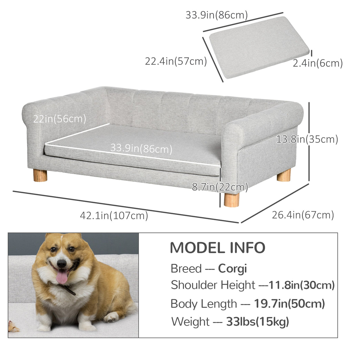 Modern Pet Sofa Cat or Medium Large Dog Bed W/ Removable Seat Cushion, Dark Grey