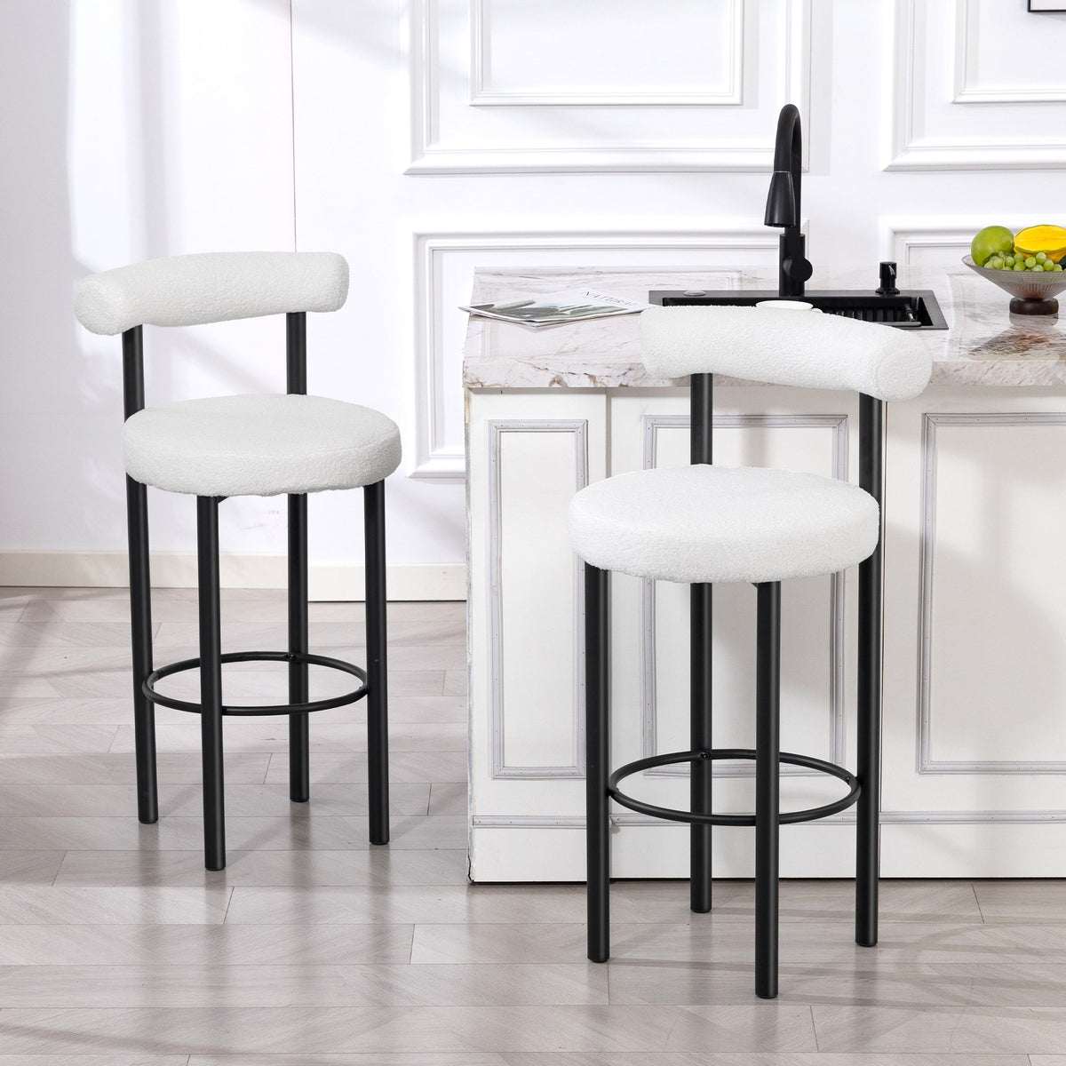 Bar Stools Set of 2, Sherpa Upholstered Barstools with Backrest, Bar Height Stools with Footrest for Kitchen Island