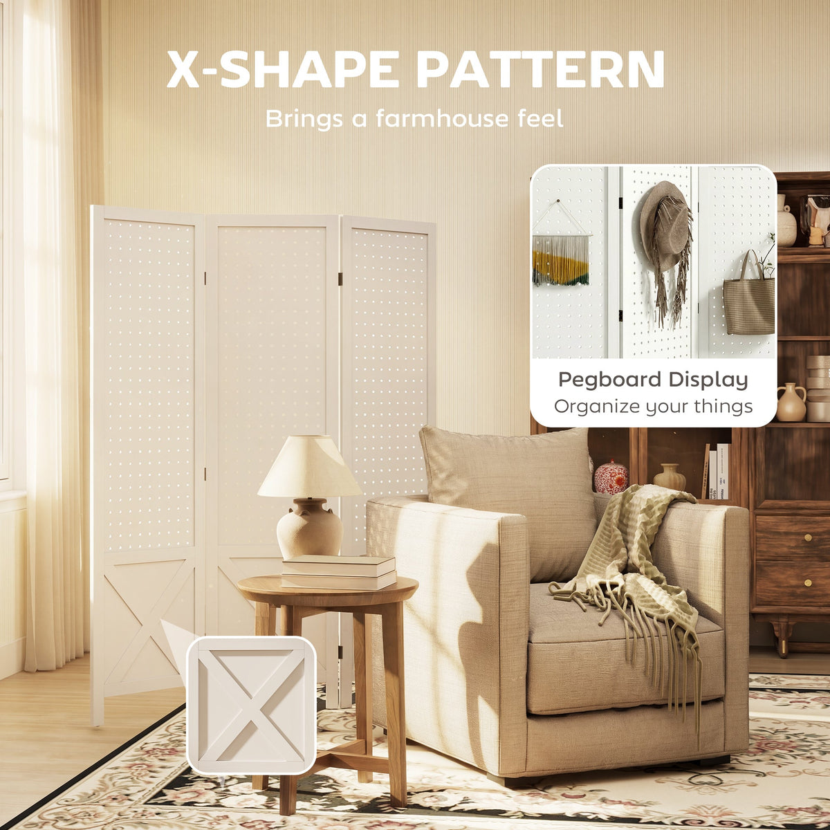 4.7' 3 Panel Wooden Room Divider with Pegboard Display, Folding Privacy Screen for Home Office, Natural
