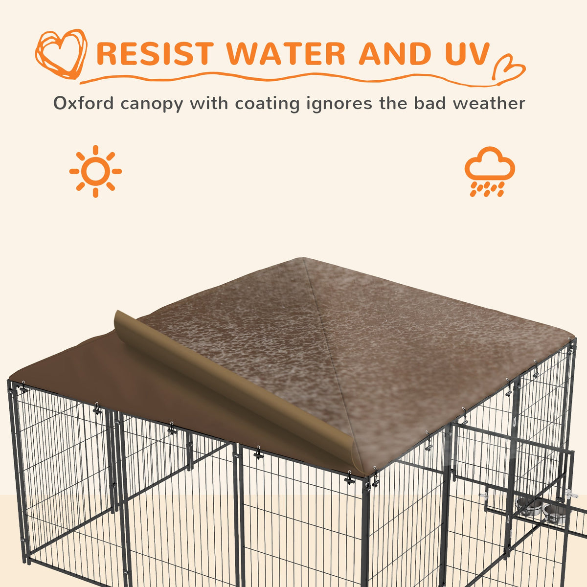 4.6' x 4.6' x 5' Outdoor Dog Kennel with Canopy, Rotating Bowls, Coffee