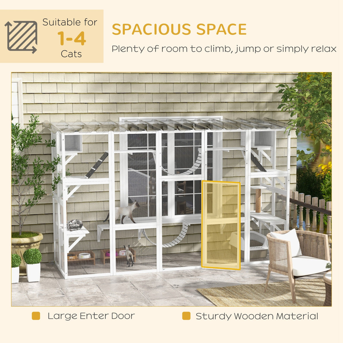 Large Outdoor Catio with Condos, Platforms, Doors, Ladders, Weather-Resistant Roof, Grey