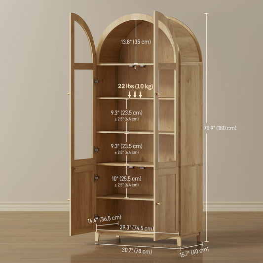 Arched Kitchen Pantry Cabinet, 71" Tall Farmhouse Kitchen Storage Cabinet with Acrylic Glass Doors, Oak