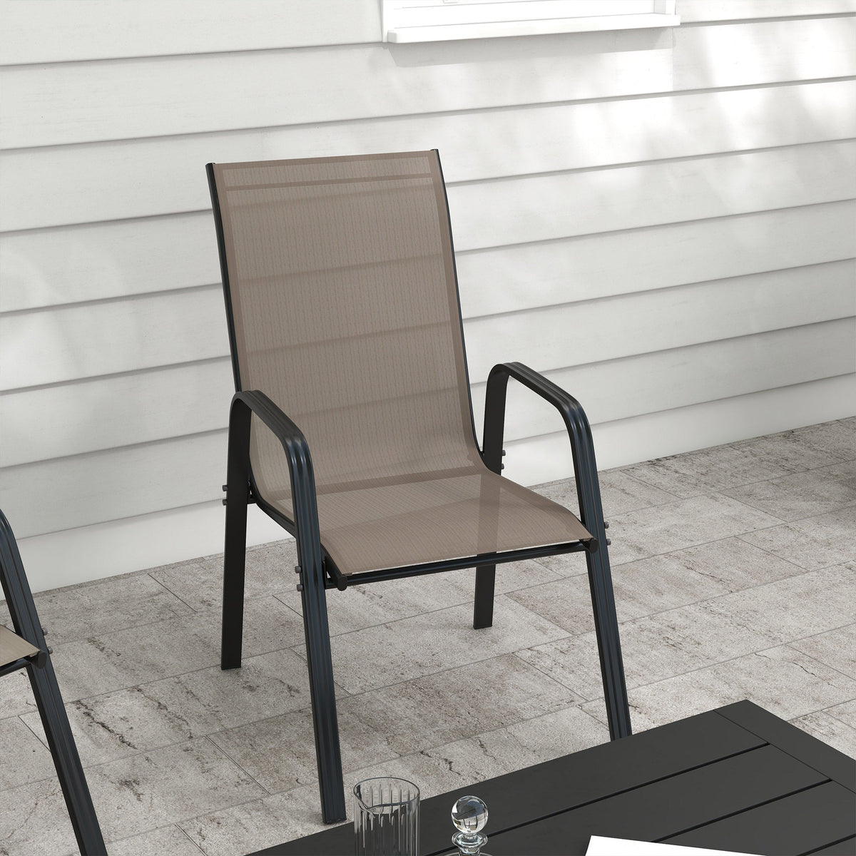 Set of 4 Outdoor Dining Chairs, Heavy Duty Stackable Patio Dining Set with Armrests for Balcony Garden, Brown and Black