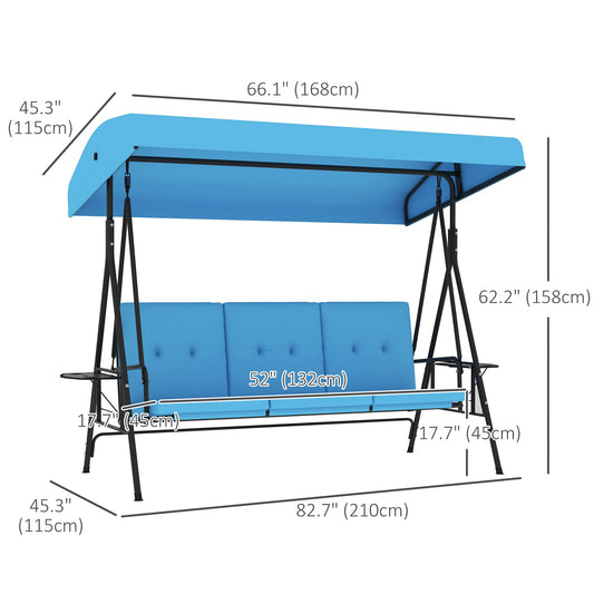 3-Seat Outdoor Porch Swing Patio Swing with Adjustable Canopy, Side Tray, Removable Cushion for Garden, Poolside, Blue