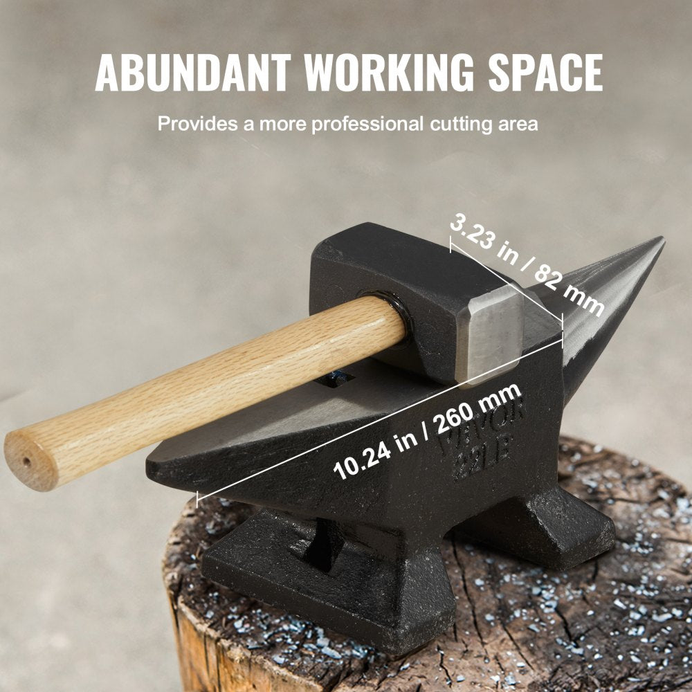 VEVOR Single Horn Anvil, 22Lbs Cast Steel Anvil, High Hardness Rugged Round Horn Anvil Blacksmith, Large Countertop and Stable Base, with Round and Square Hole, Metalsmith Tool for Bending and Shaping