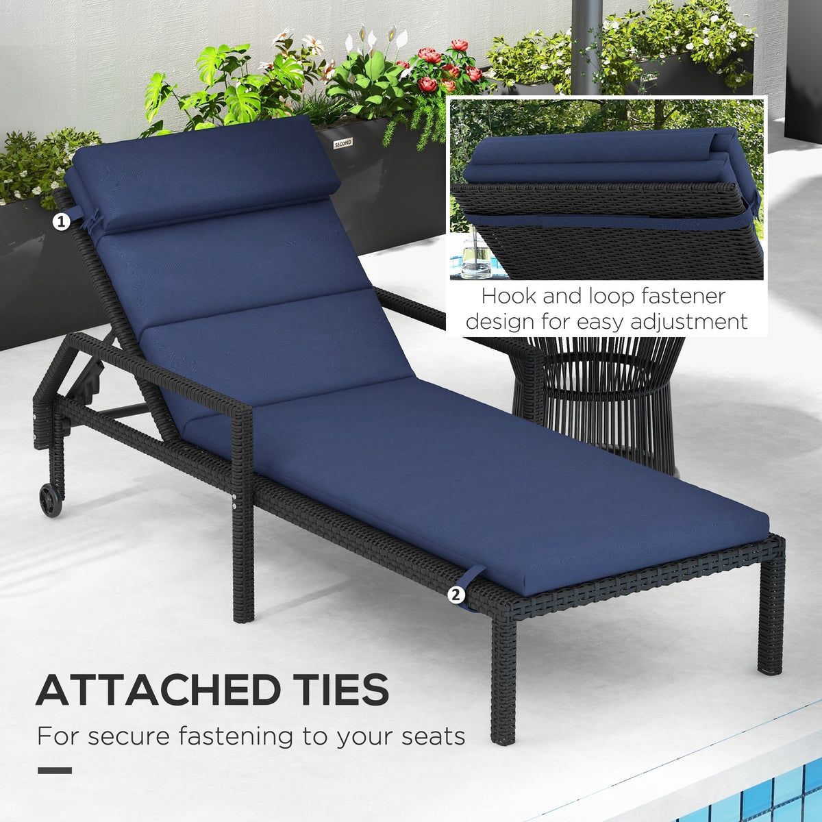 Patio Chaise Lounge Chair Cushion Replacement Sun Lounger Pads with Headrest and Ties, Beige