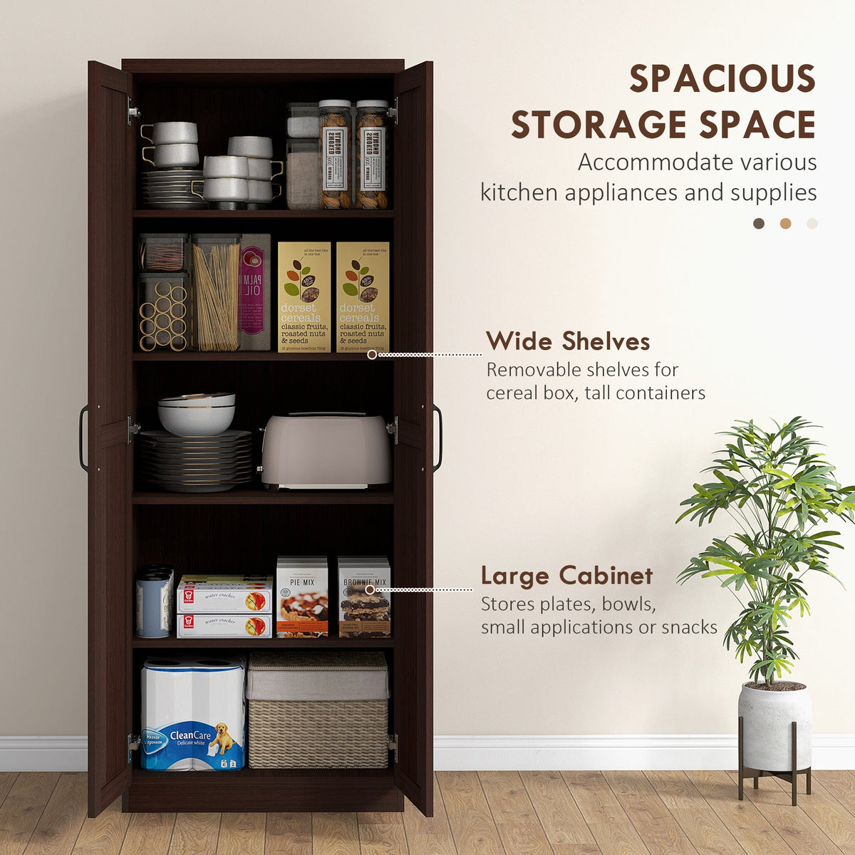 63" Kitchen Storage Cabinet, 5-tier Pantry Cabinet with Doors and Adjustable Shelves for Dining Room, Black
