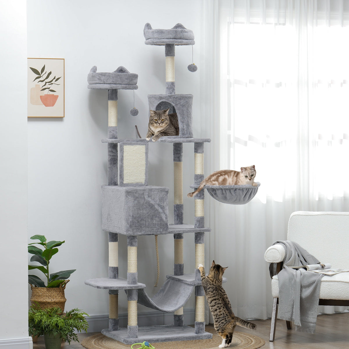 81" Large Cat Tree w/ Scratching Posts, Condos, Beds, Hammocks, Jumping Platforms, Toy Balls, Rope Cat Toy, Beige