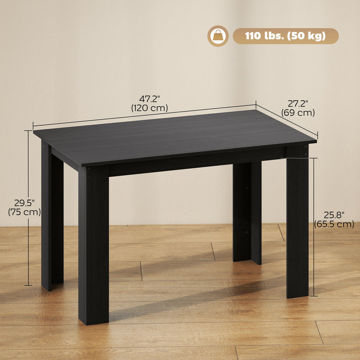 47" Kitchen Table for 4-6 People, Dining Table with Wood Effect for Dining Room, Black