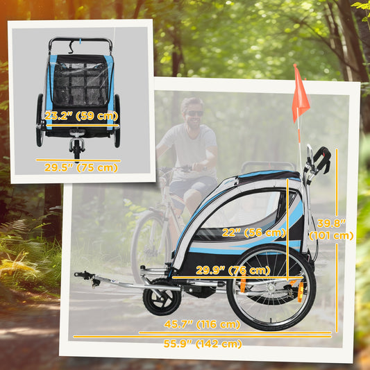 2 Seat Bike Trailer for Kids 2-in-1 Double Baby Stroller with Handbrake, Rubber Wheels, 5 Point Harness, Waterproof Cover, Storage Bag, Reflectors, Blue