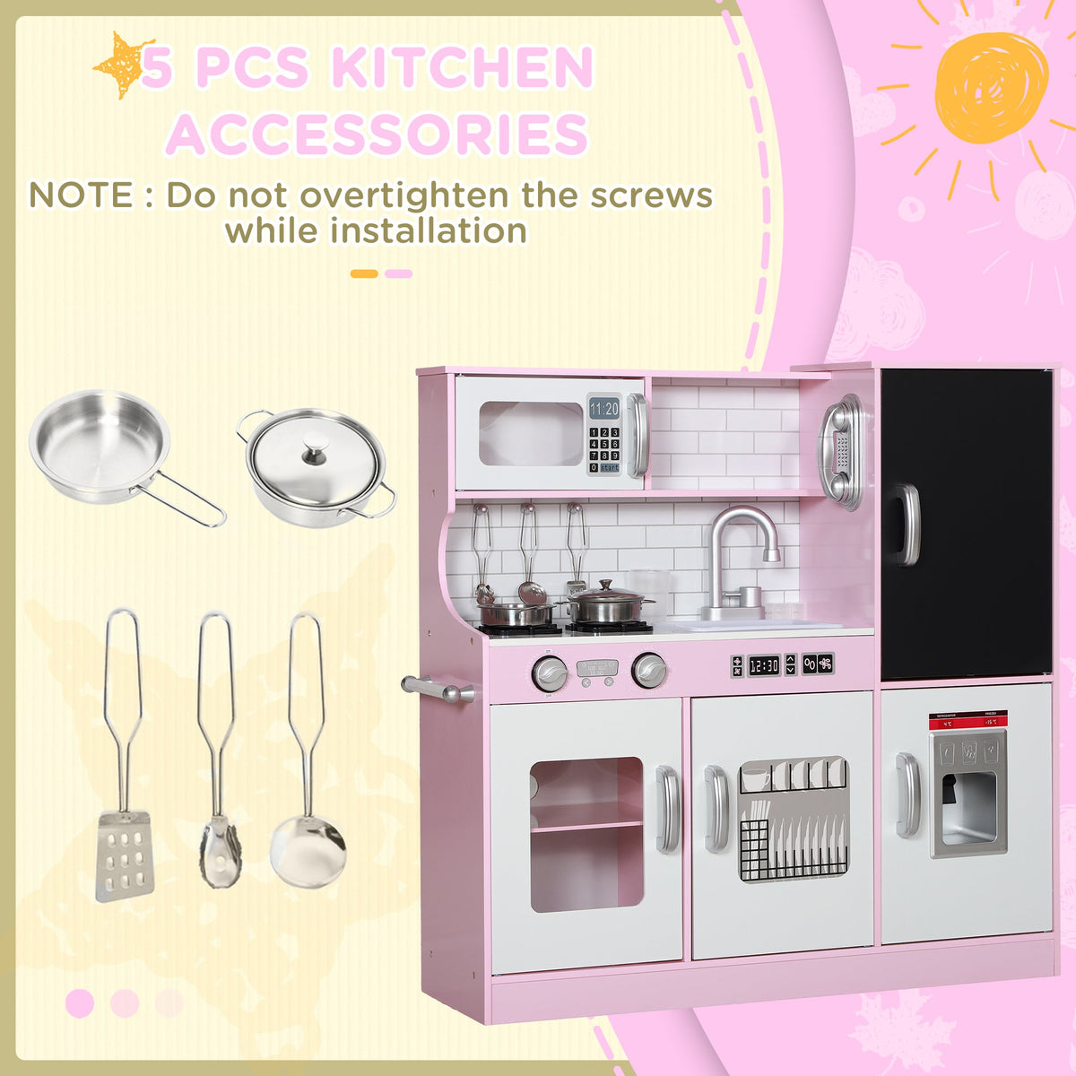 Play Kitchen for Kids, Kids Kitchen Playset w/ Chalkboard, Ice Maker, Play Phone, Sink, Microwave