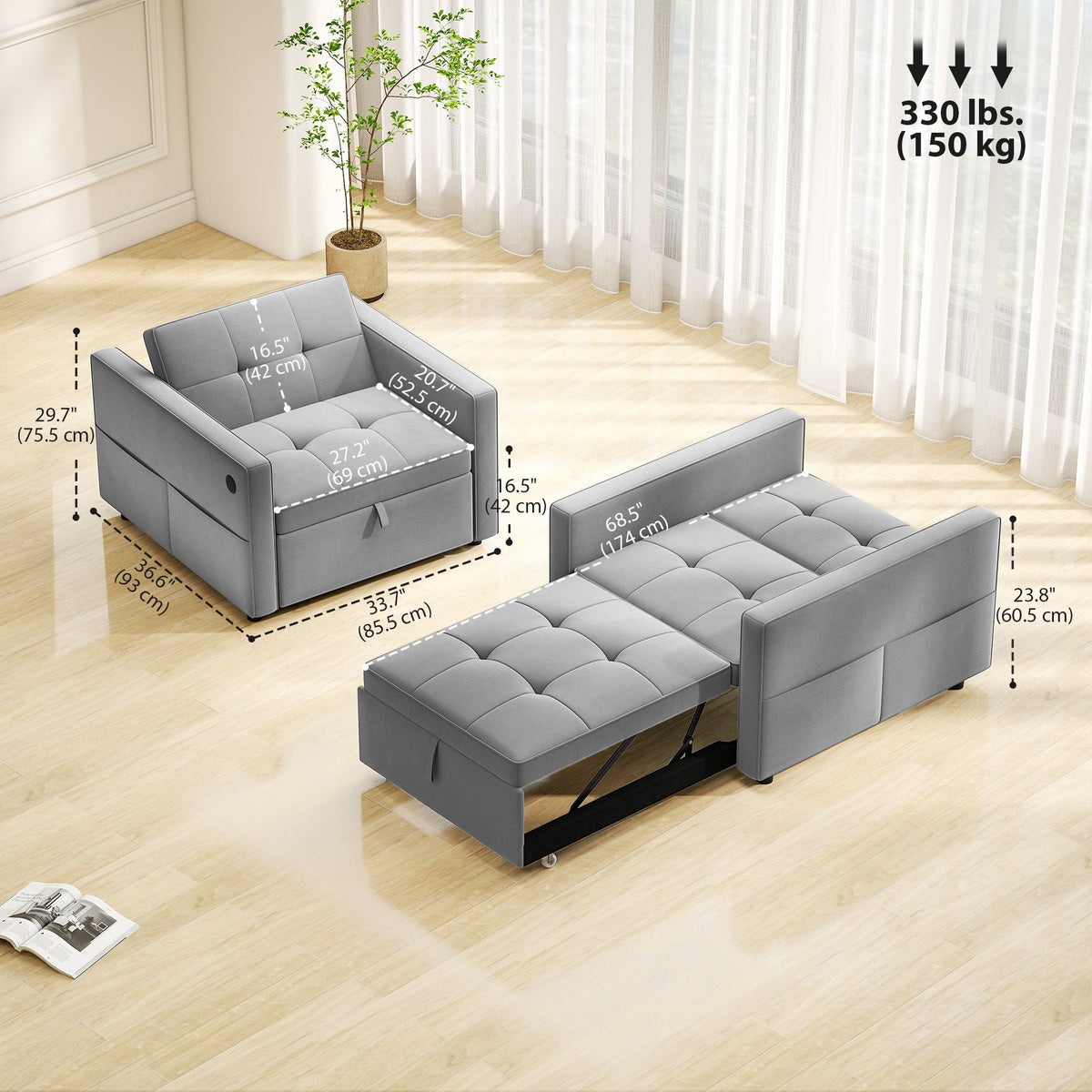 Convertible Chair Bed, Pull Out Sleeper Chair with USB, Adjustable Backrest, Small Velvet Futon Sofa Bed, Cream White