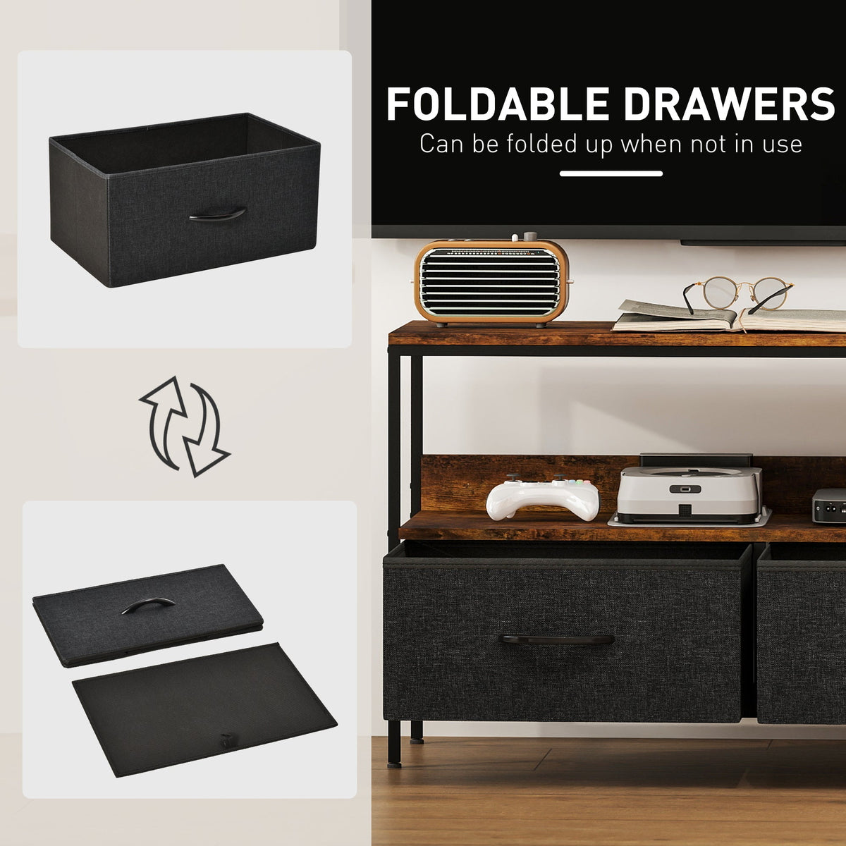 TV Stand with Charging Station, TV Table with 2 Foldable Linen Drawers and Open Shelf for 47 Inch Television, Black