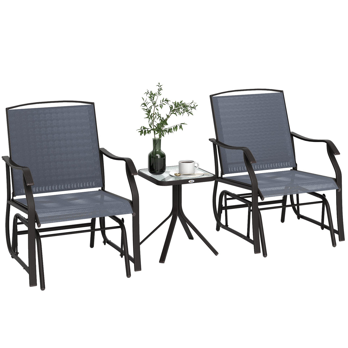 3 Piece Patio Glider Set Outdoor Gliders with Breathable Mesh Seat, Glass Top Table for Garden, Yard, Grey