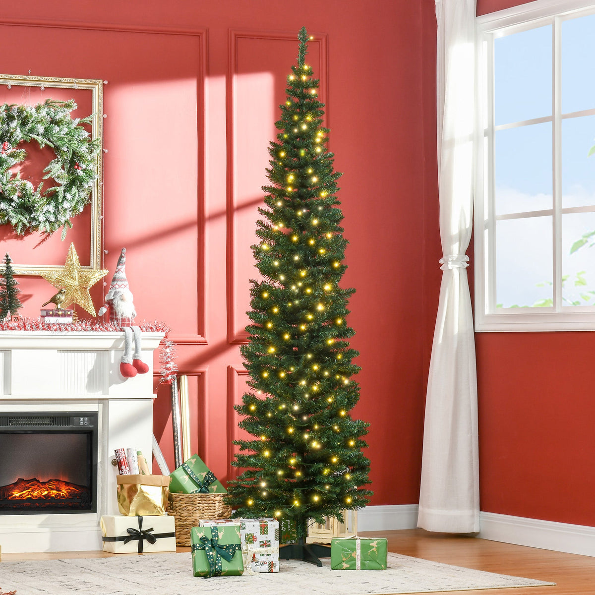 6' Pre Lit Artificial Pencil Christmas Trees, Xmas Tree with Realistic Branches and Warm White LED Lights, Green