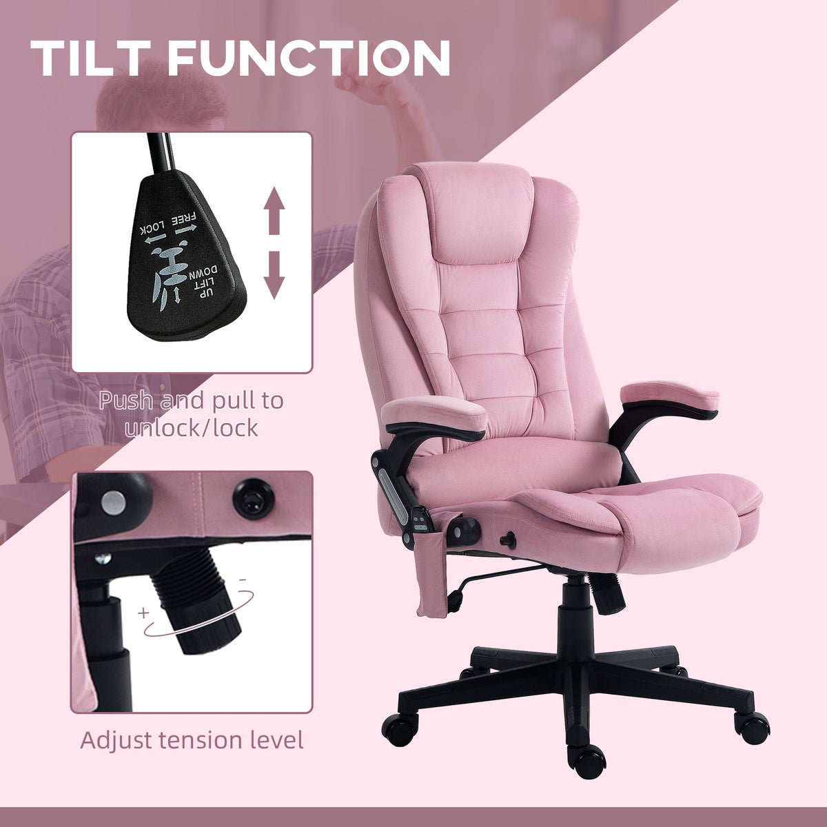 Reclining Massage Office Chair, Executive Office Chair with High Back, Swivel Wheels, Pink
