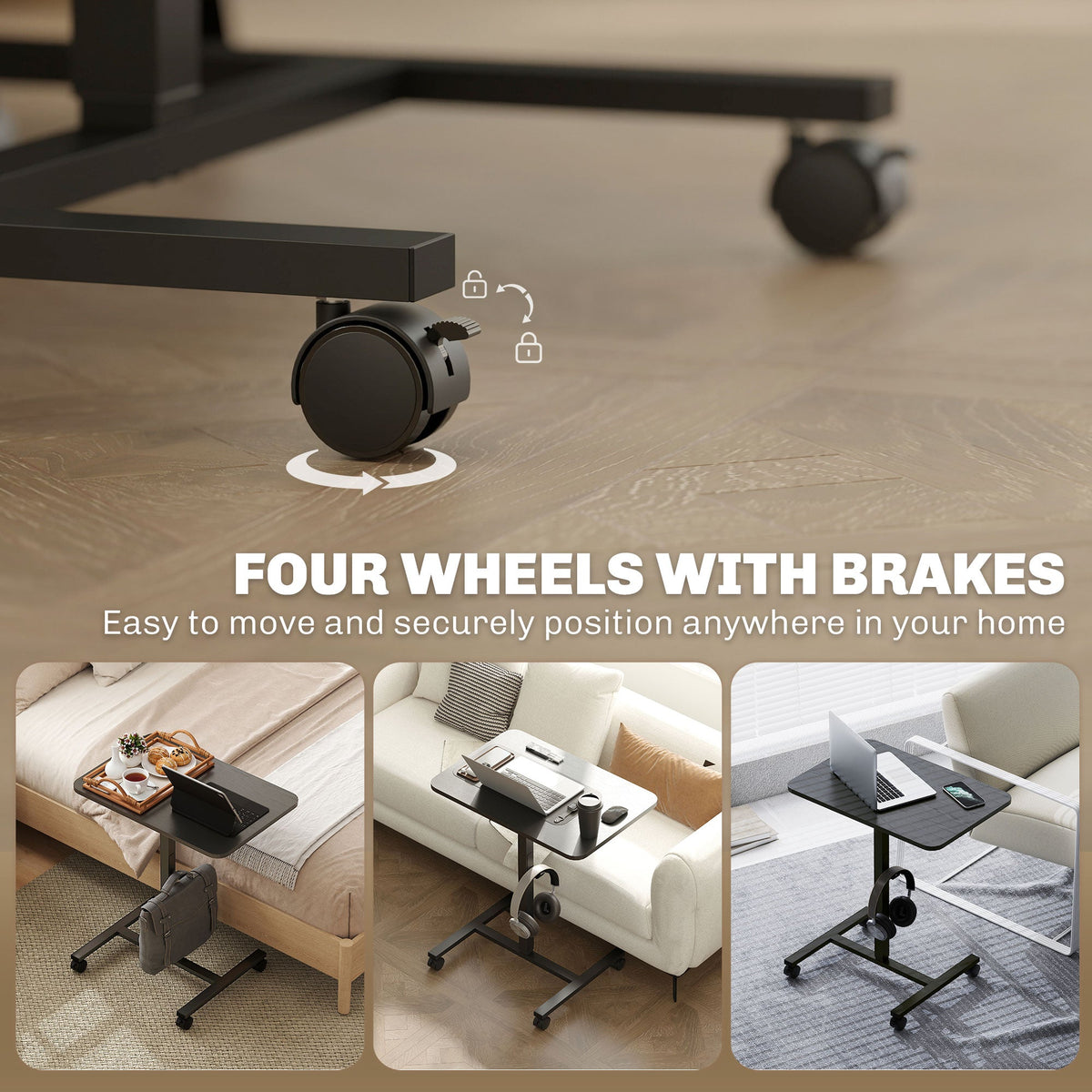 Height Adjustable Standing Desk, Pneumatic Sit Stand Desk with Wheels and Headphone Hook, Grey Wood Grain
