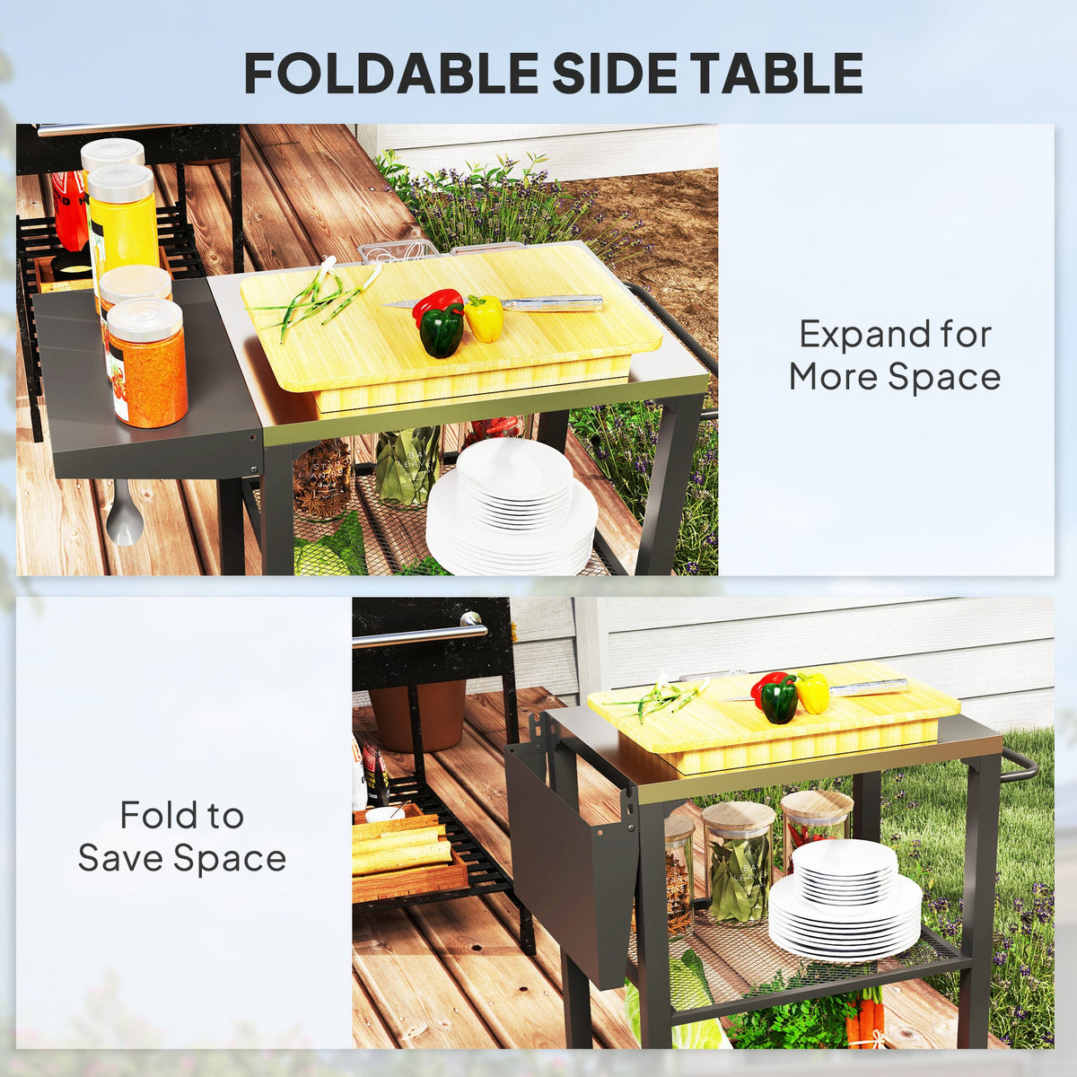 3-Shelf Outdoor Grill Cart Table with Side Handle, Stainless Steel Pizza Oven Stand on Wheels, Black