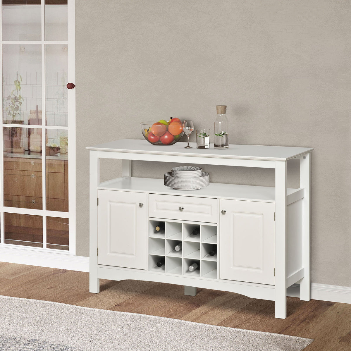 Modern Kitchen Buffet Bar Cabinet Storage Sideboard Dining Server with Drawer & 12-Bottle Wine Rack for Living Room, Espresso