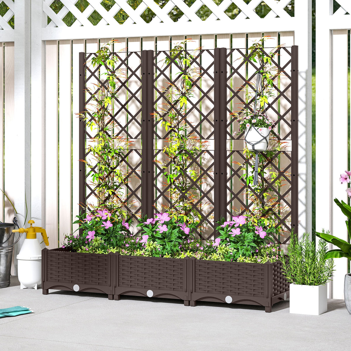 Raised Garden Bed with Trellis, Plastic Raised Flower Bed with Drainage Holes and Drain Plugs, 16" x 16" x 48"