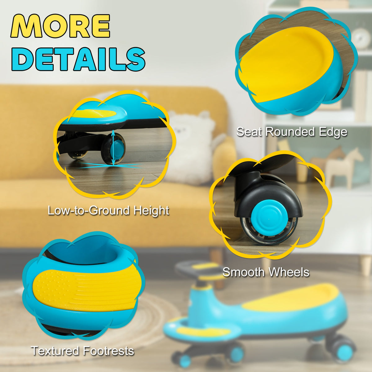 Kids Wiggle Car w/ Parent Traction Rope, Music, Light, Blue