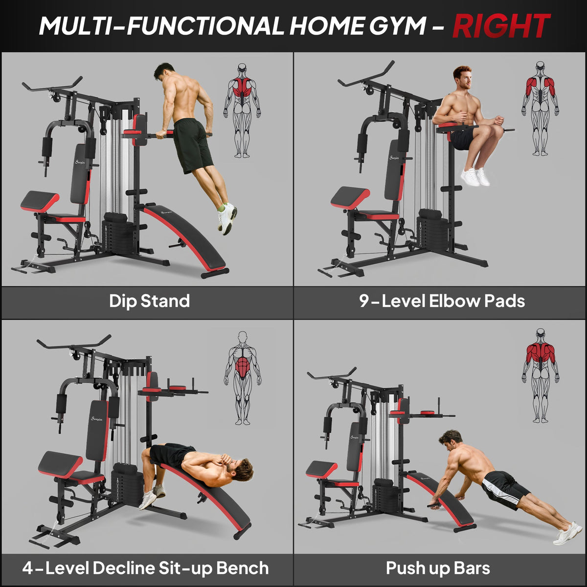 Multi Home Gym Equipment, Workout Station with Sit up Bench, Push up Stand, Dip Station, 143lbs Weights