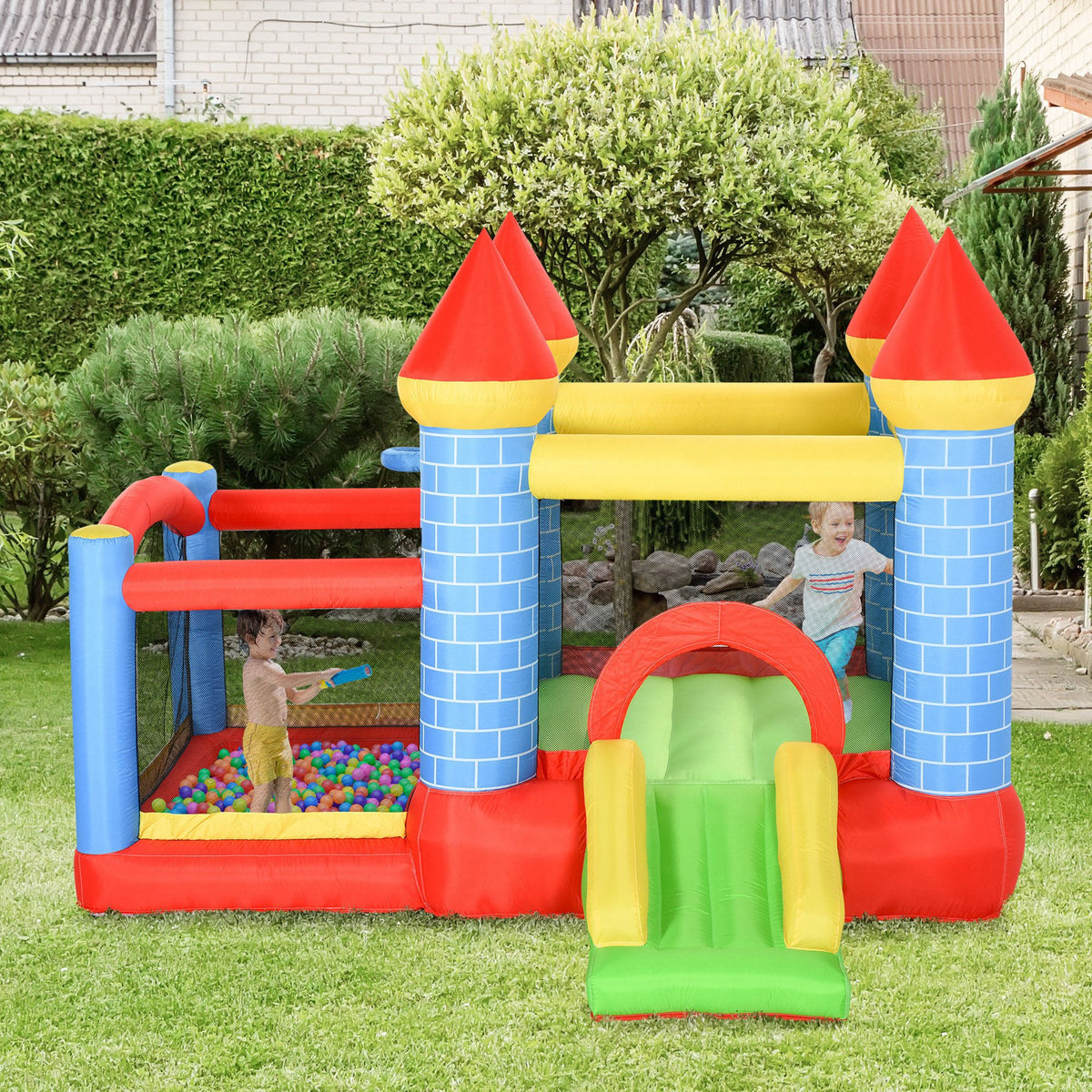 9.2 x 9.5FT Bounce House, 4 in 1 Inflatable Bouncy Castle for Kids With Trampoline, Slide, Water Pool, Basket, Blower