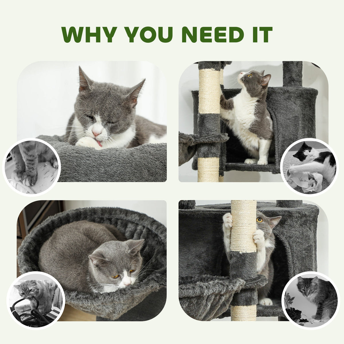 52.5" Cat Tree Tower with Scratching Posts, Cat Condos, Bed, Platforms, Hammocks, for Indoor Cats, Dark Grey