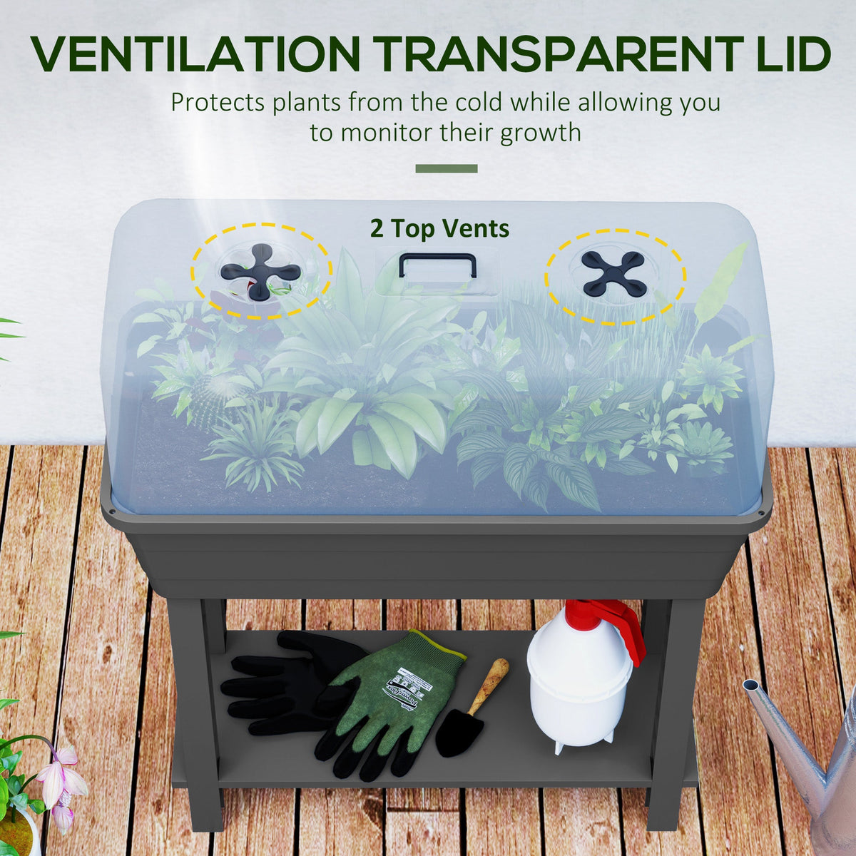 41L Self Watering Raised Garden Bed w/ Ventilation Transparent Lid Greenhouse, Planter Box w/ Storage Shelf, Black