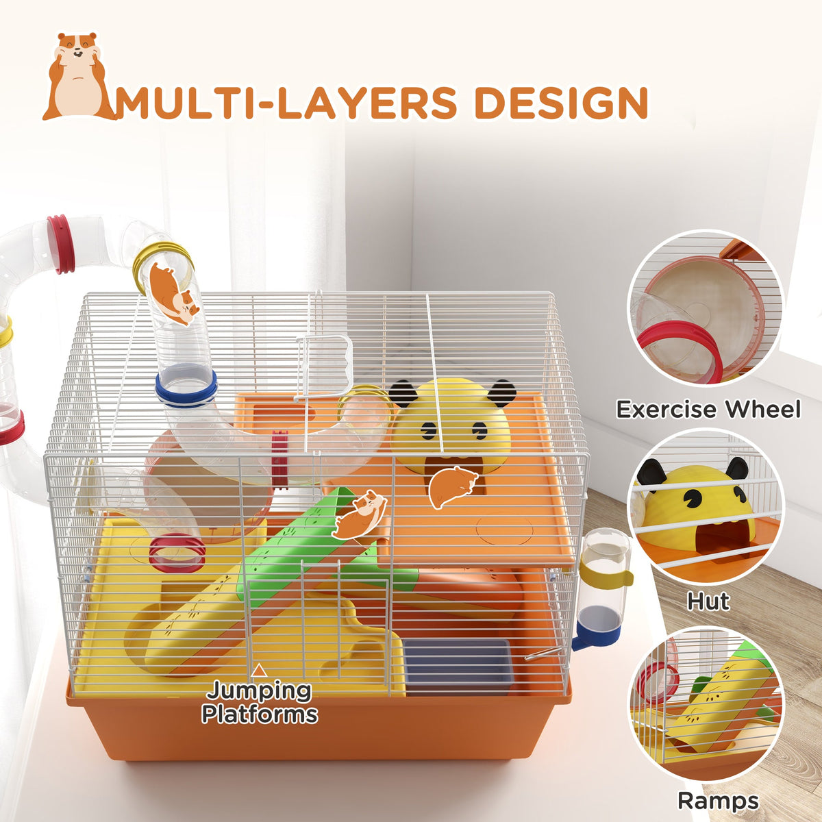 3 Tiers Hamster Cage for Gerbil, Dwarf Hamster with Tunnels, Water Bottle, Exercise Wheel, 18" x 11" x 15" - Light Blue