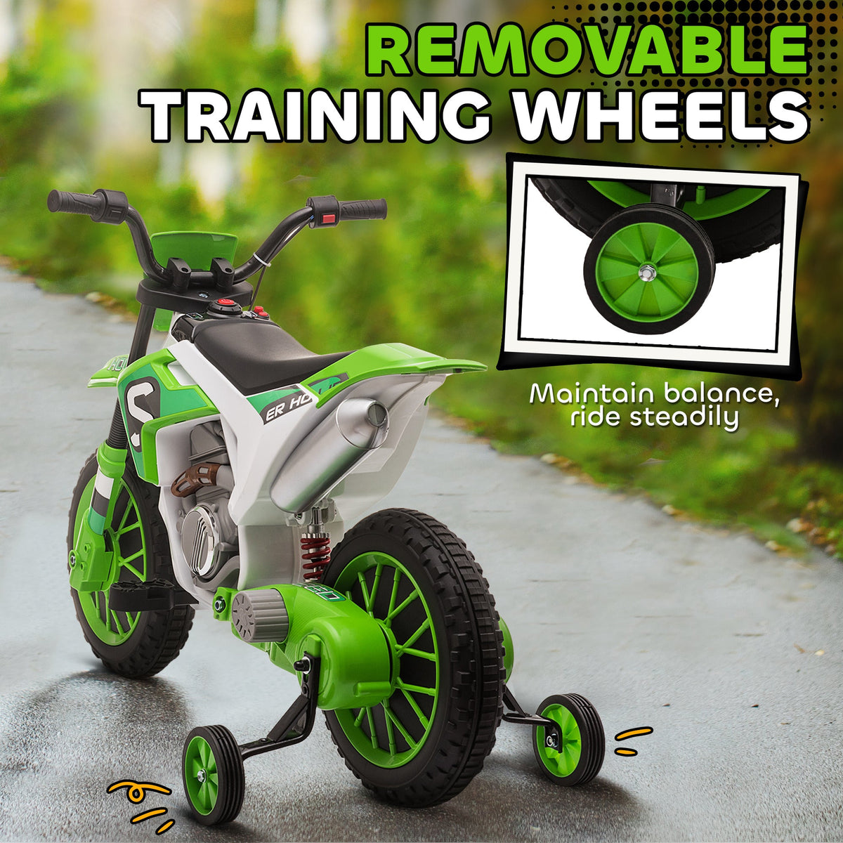 Kids Dirt Bike 12V Battery-Powered Ride-On Electric Motorcycle with Charging Battery, Training Wheels Blue
