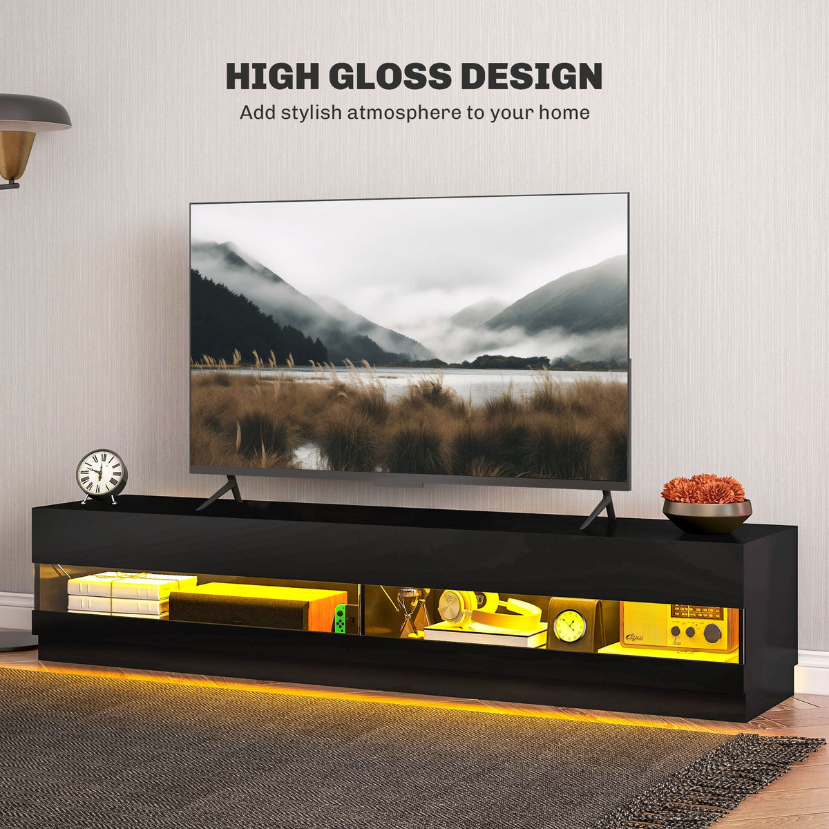 Hart Lighted TV Stand for TVs up to 75"-High Gloss Black
