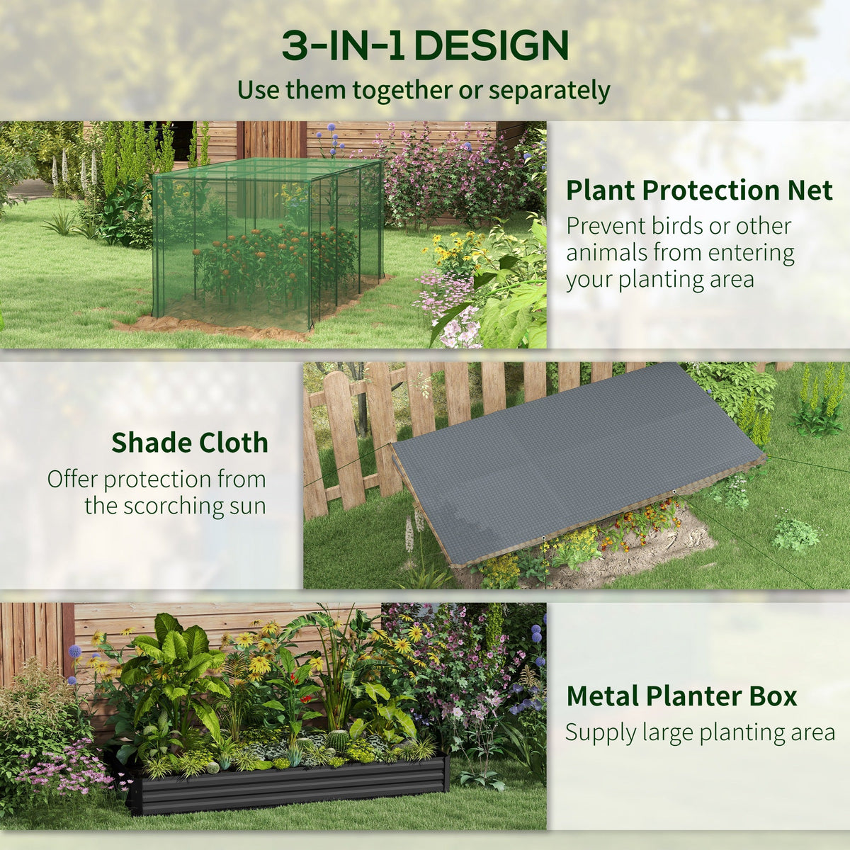 Galvanized Steel Planter Box with Crop Cage and Shade Cloth, Raised Garden Bed for Flowers, Vegs and Herbs