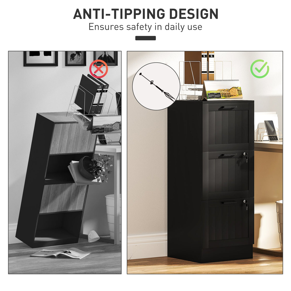 2 Drawer Filing Cabinet with Lock, Office Storage Cabinet with Adjustable Hanging Bars for A4 Letter Size Files, Black