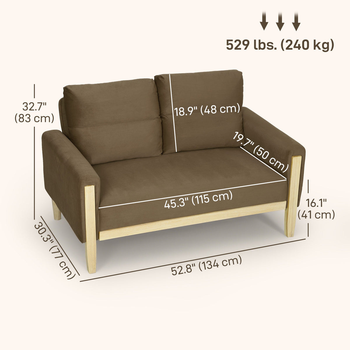 53" Loveseat Sofa, Small 2 Seater Couch with Solid Wood Legs, Modern Velvet Sofa for Living Room, Small Spaces,Brown