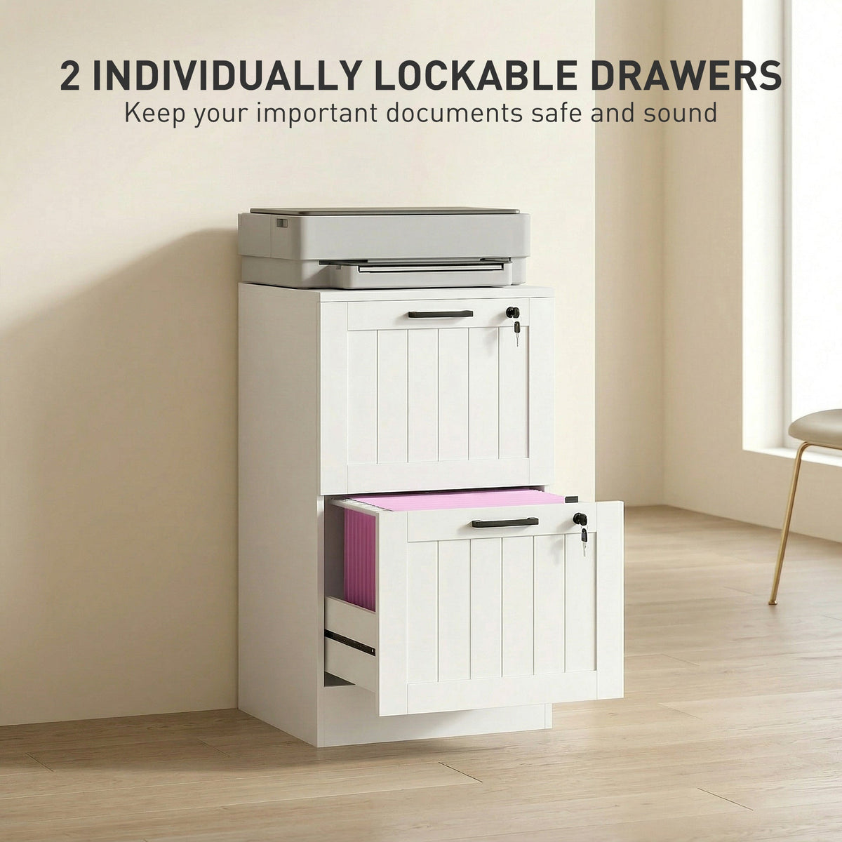 2 Drawer Filing Cabinet with Lock, Office Storage Cabinet with Adjustable Hanging Bars for A4 Letter Size Files, Black